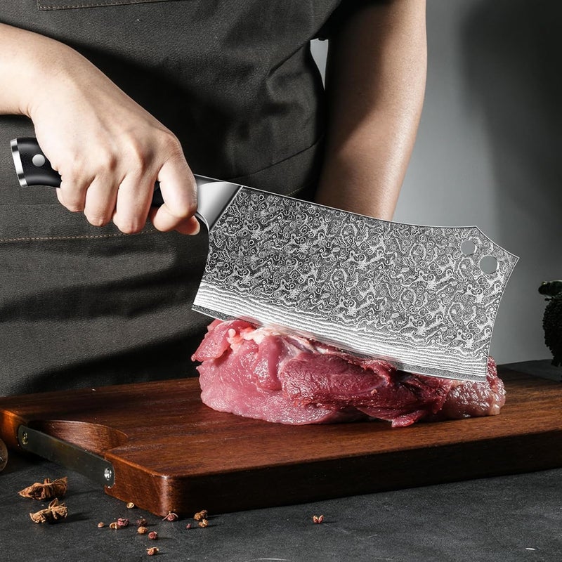 MOSFiATA Damascus 7” Cleaver Knife，Ultra Sharp Vegetable and Meat Butcher Knife with Finger Guard for Home Kitchen and Restaurant - Image 4